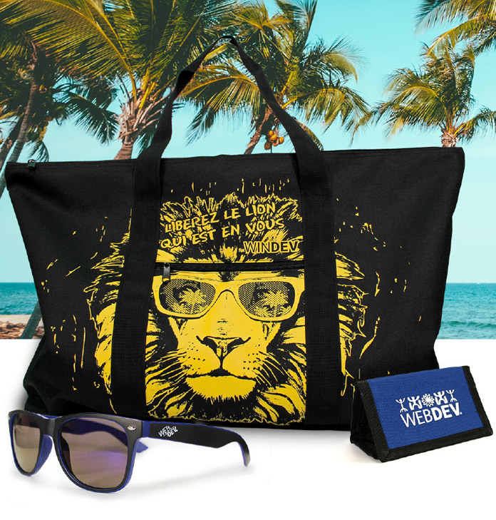 Le «Goodies du trimestre» est un pack «été» : un superbe sac de plage accompagné de lunettes de soleil et d'un portefeuille aux couleurs de WINDEV et WEBDEV.